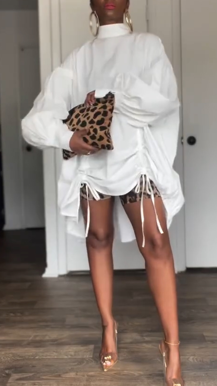 Womens Round Neck Drawstring Solid Color Irregular Casual Top