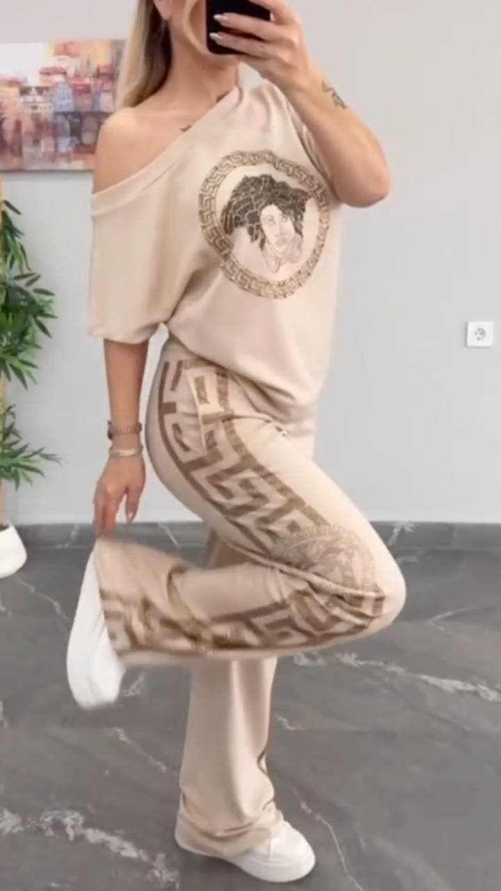 Women's Off-Shoulder Casual Rhinestone Set