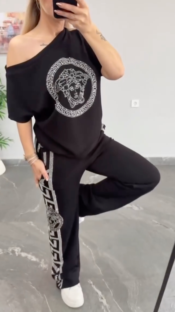 Women's Off-Shoulder Casual Rhinestone Set