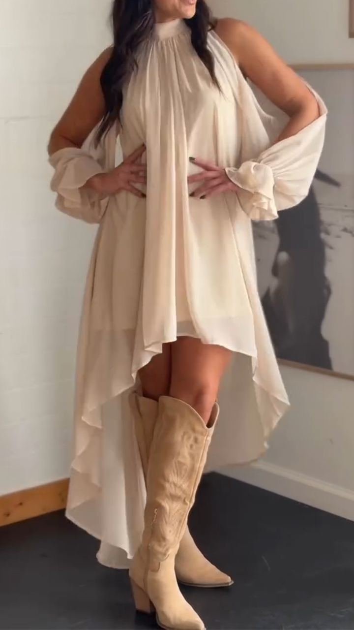 Women Round Neck Patchwork Irregular Solid Color Elegant Casual Dress