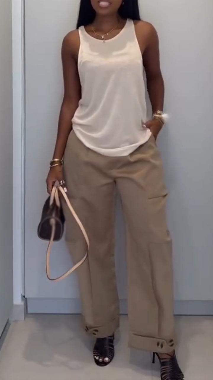 Women Round Neck Solid Color Vest + Pants Casual Suit