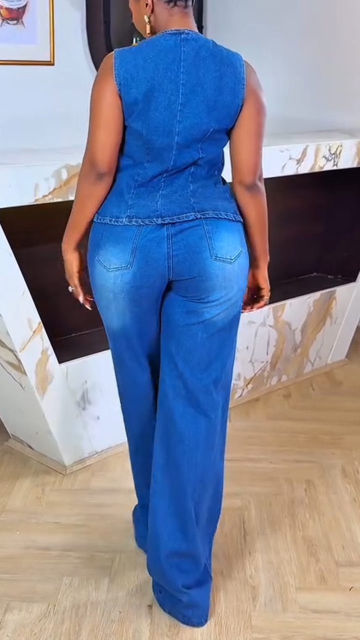 Women Collar Top + Wash Pants Casual Denim Suit