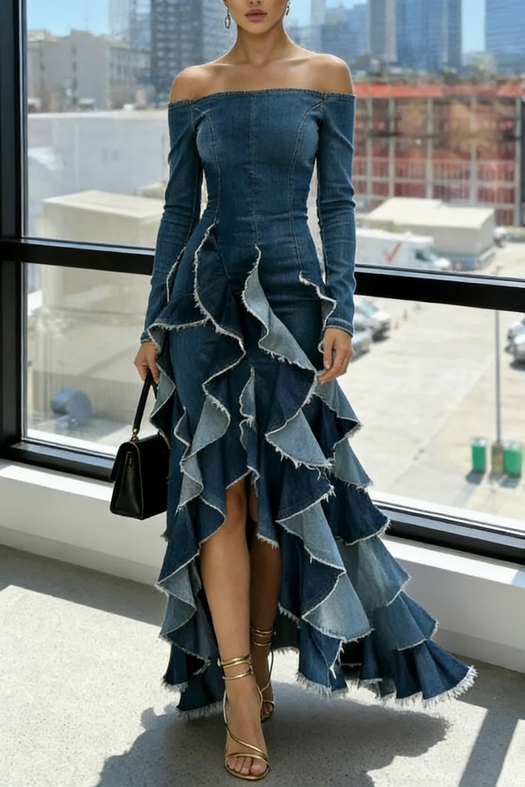 Women s Elegant Off Shoulder Ruffle Decoration Denim Dress women-s-elegant-off-shoulder-ruffle-decoration-denim-dress