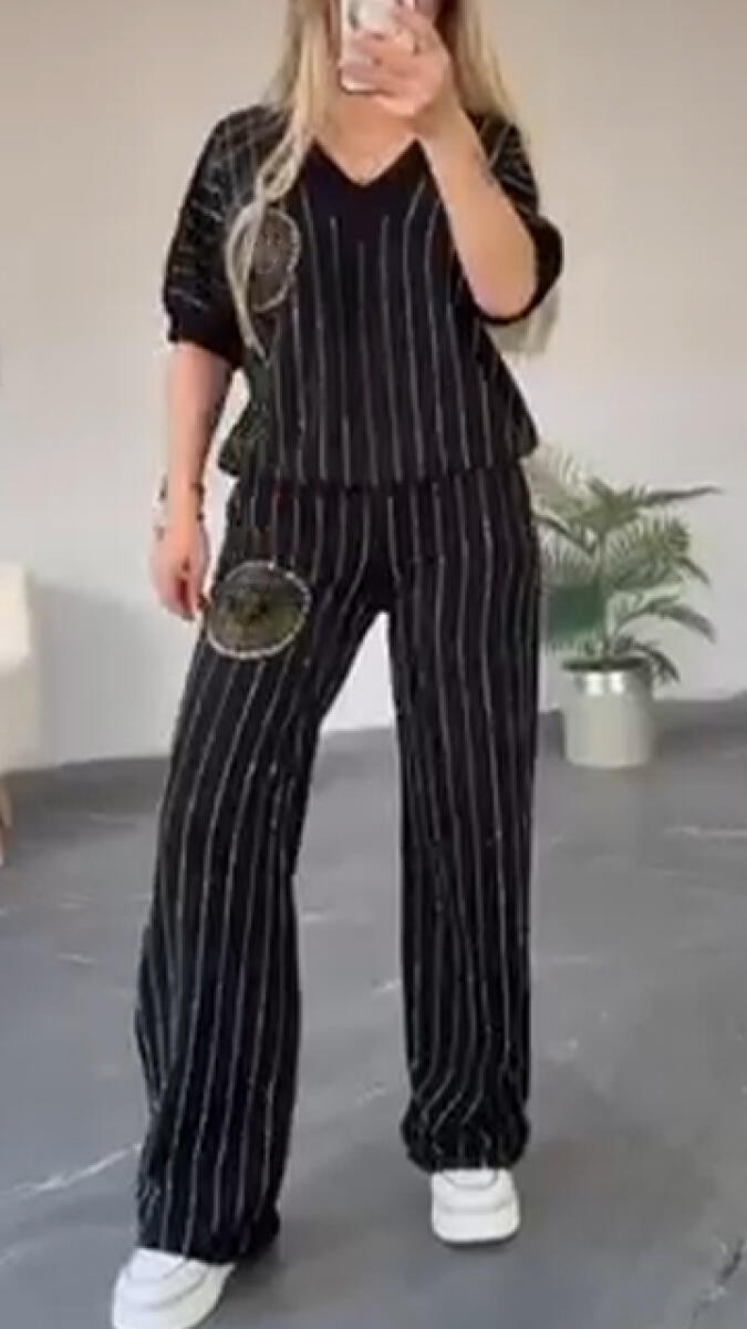 Women V-neck Rhinestone Casual Suit