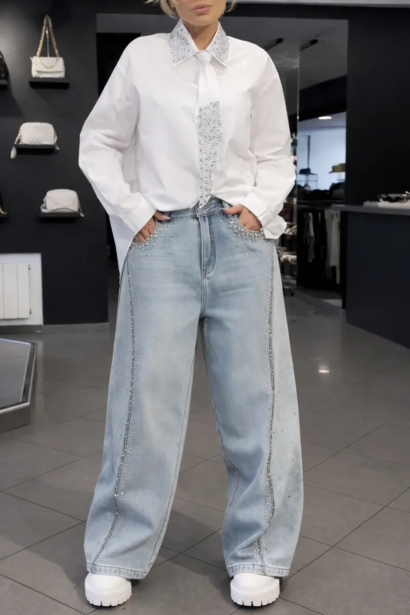 Women's Tie Shirt + Jeans Rhinestone Suit