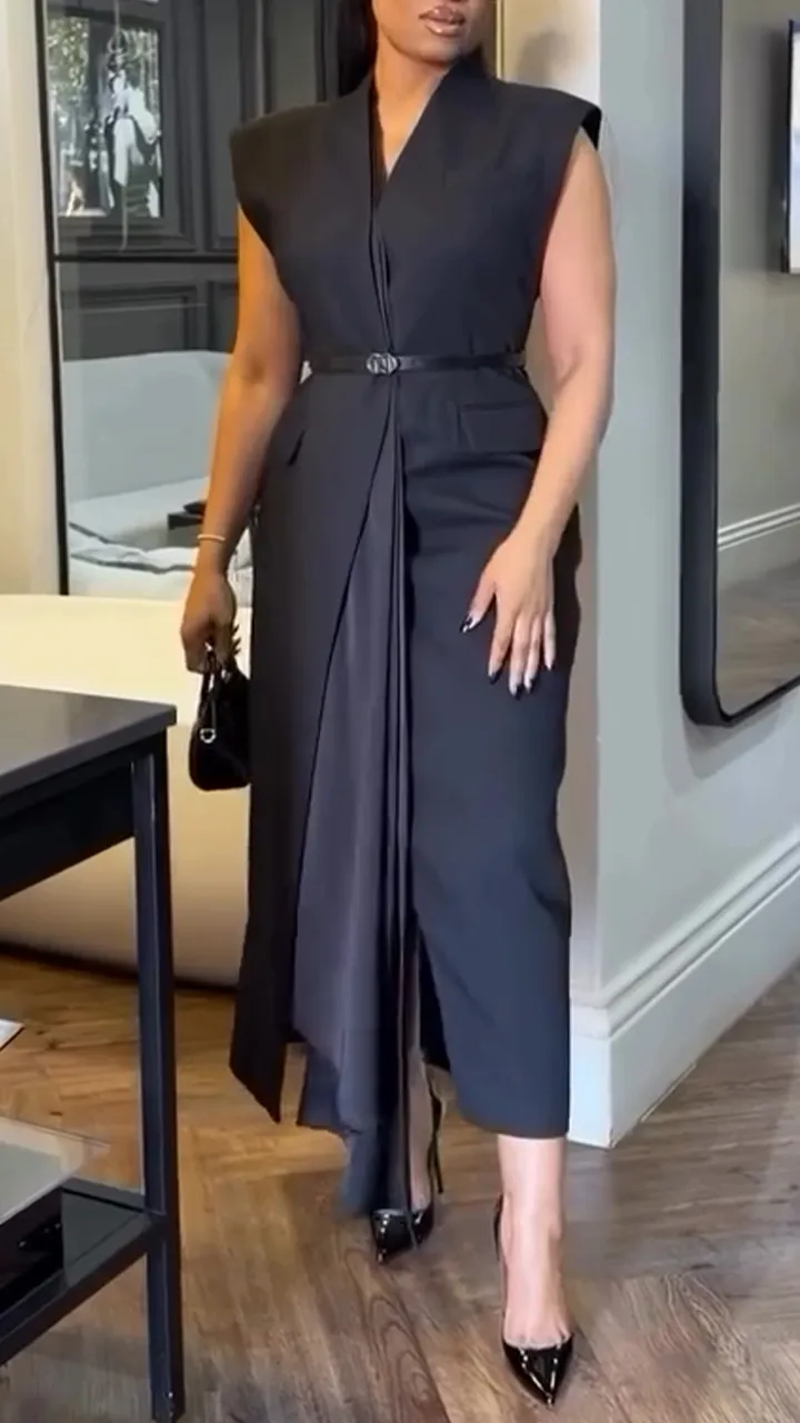 Women V-neck Solid Color Casual Dress with Temperament