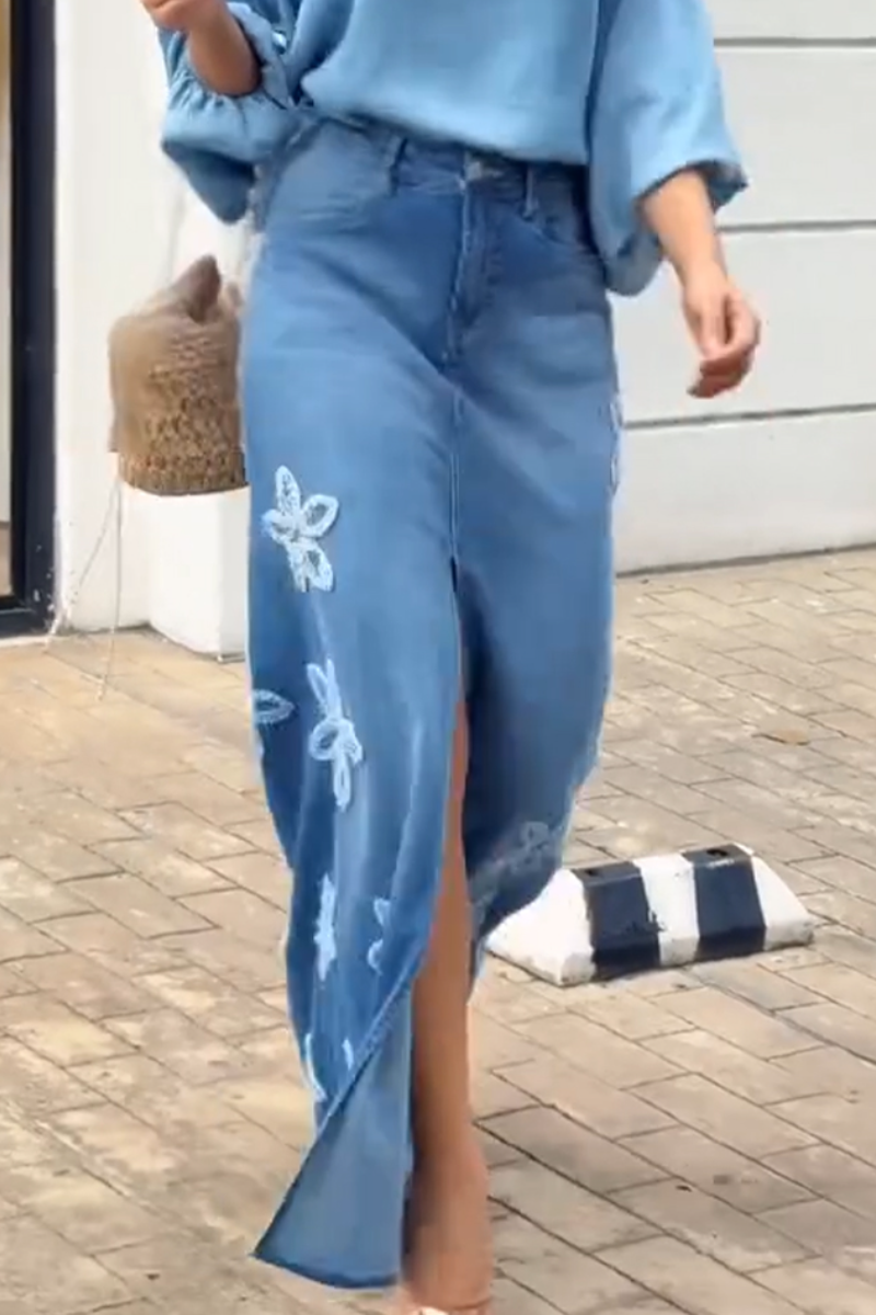Women Round Neck Top + Slit Denim Skirt Casual Set