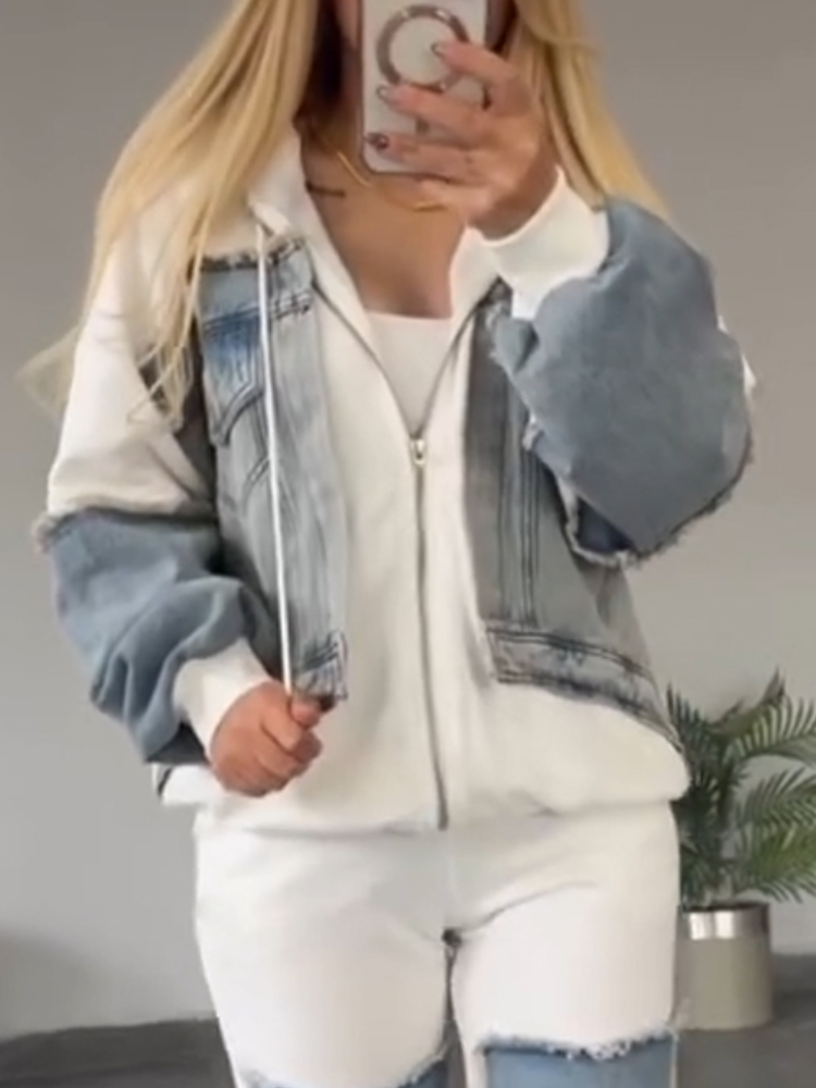 Women Collared Patchwork Denim Casual Suit