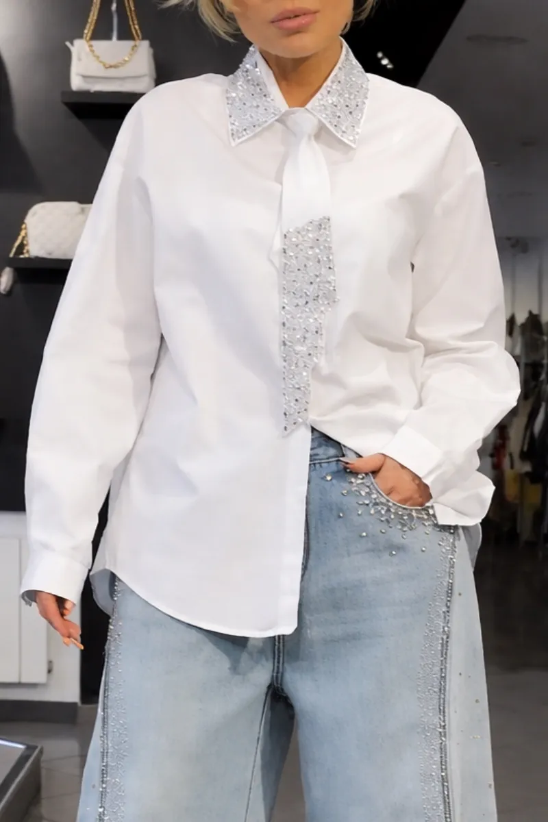 Women's Tie Shirt + Jeans Rhinestone Suit