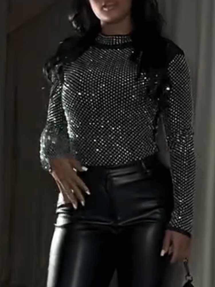 Womens Round Neck Rhinestone Top+ Leather Pants Casual Set with Temperament