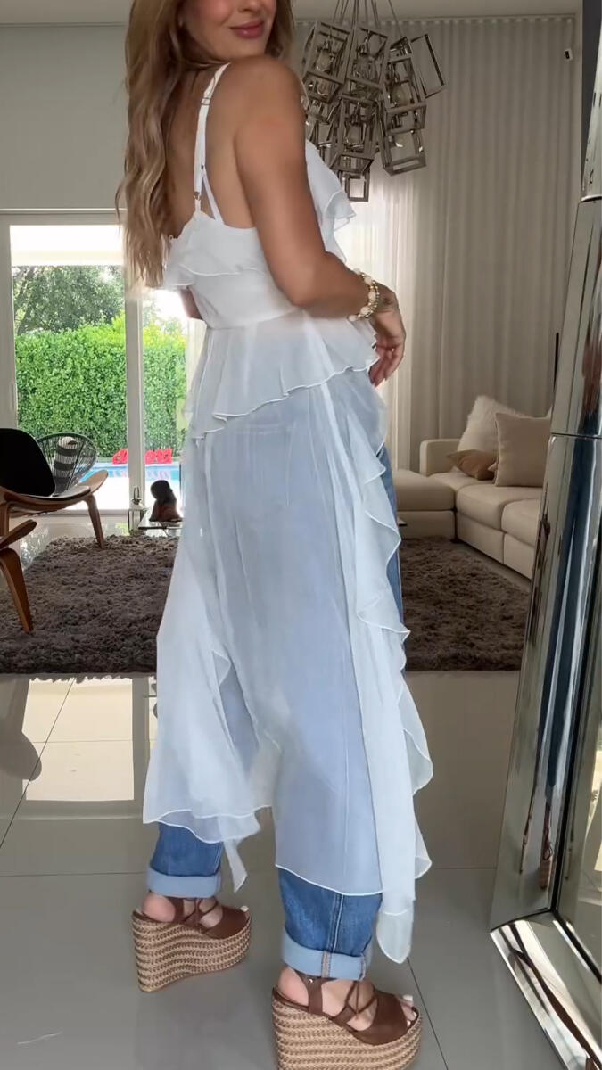 Women Spaghetti Strap Spliced Long Top+ Washed Jeans Casual Set