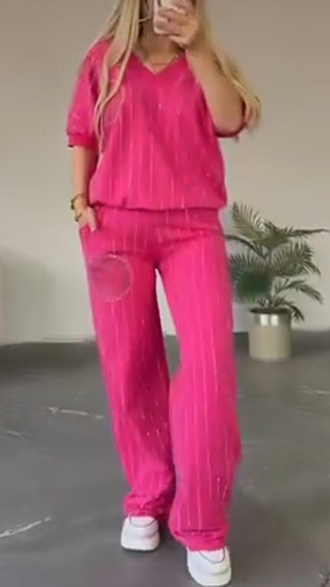 Women V-neck Rhinestone Casual Suit