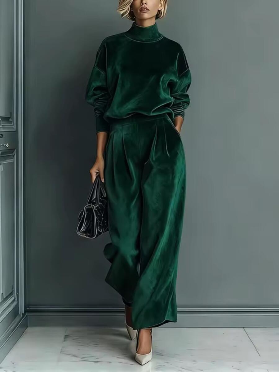 Women High Neck Solid Color Casual Suit