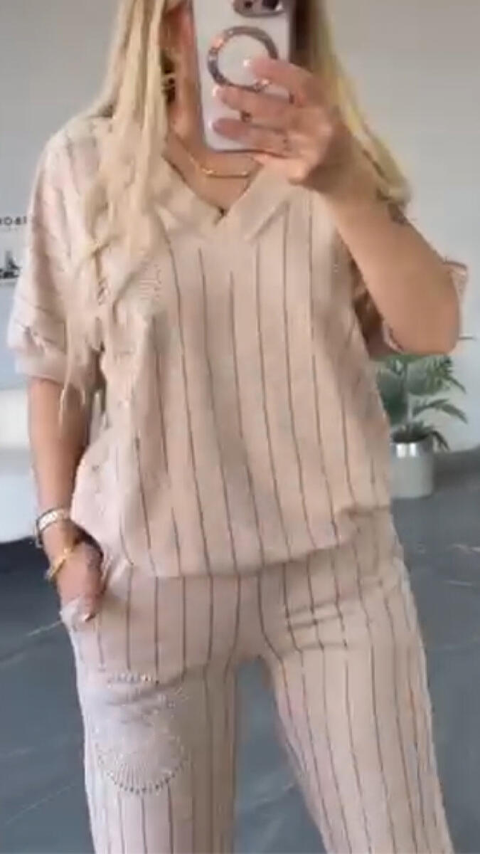 Women V-neck Rhinestone Casual Suit