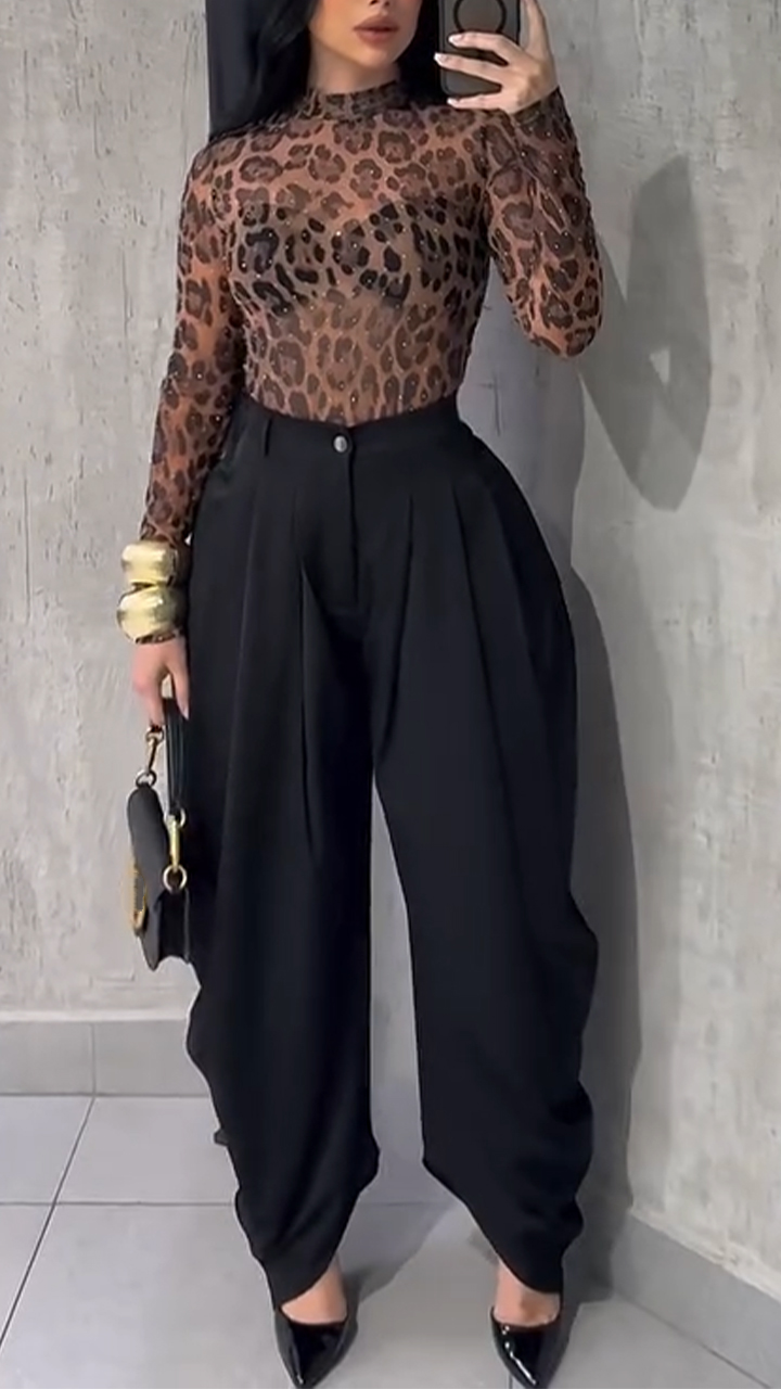 Women Round Neck Printed Top + Pants Temperament Casual Suit