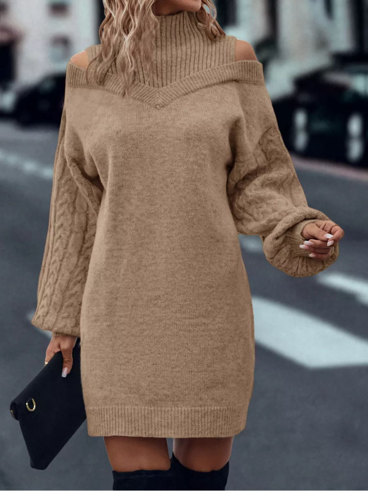 Women Half High Neck Off-Shoulder Long Sleeve Knitted Dress