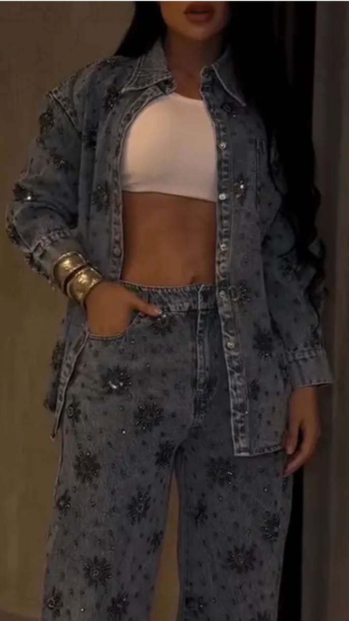 Women Lapel Printed Casual Denim Suit