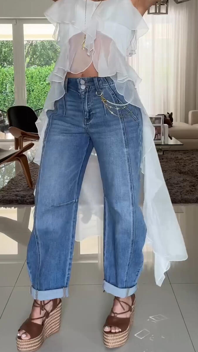 Women Spaghetti Strap Spliced Long Top+ Washed Jeans Casual Set