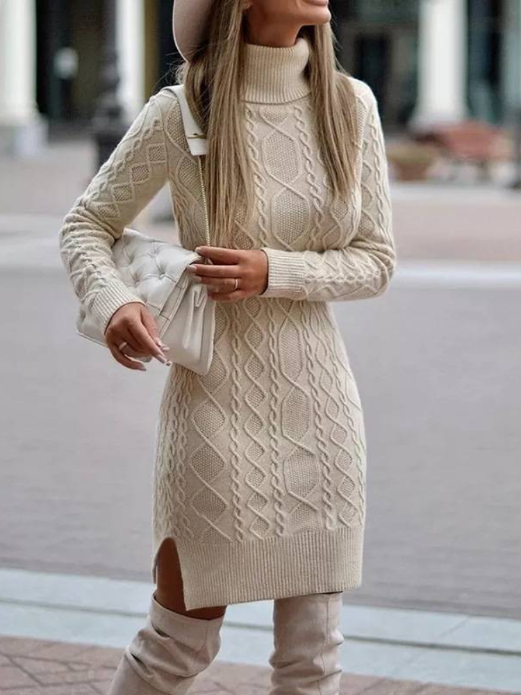 （ In stock）Women Turtleneck Sweater Solid Color Slit Knitted Sweater Dress