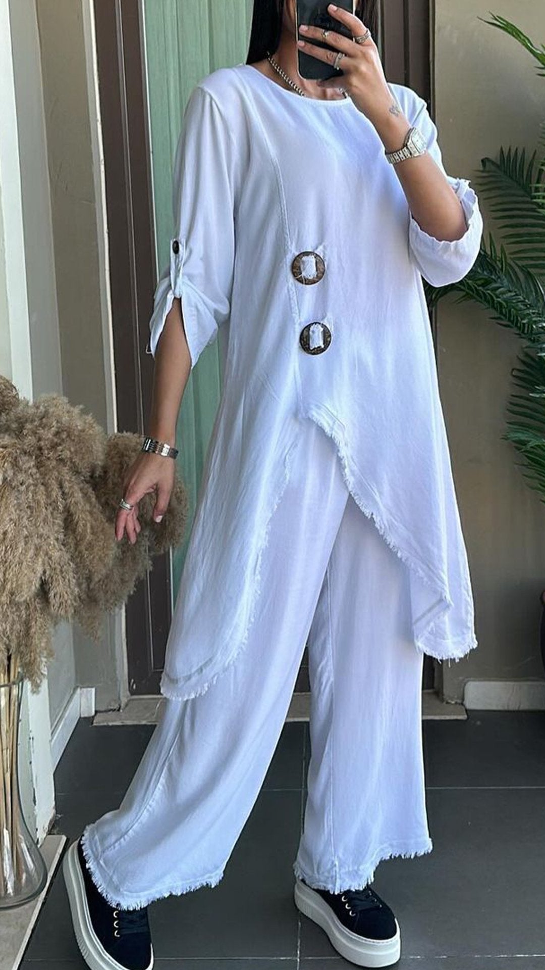 Women's Round Neck Irregular Hem Set Long Cotton and Linen Suit