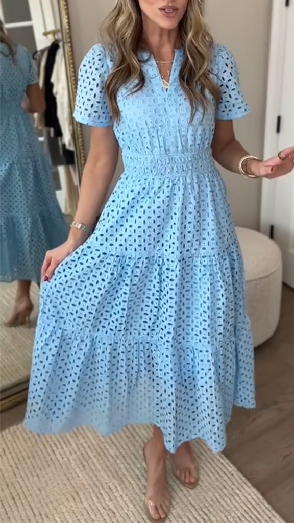 Women's V-neck Hollow Casual Stitching Dress