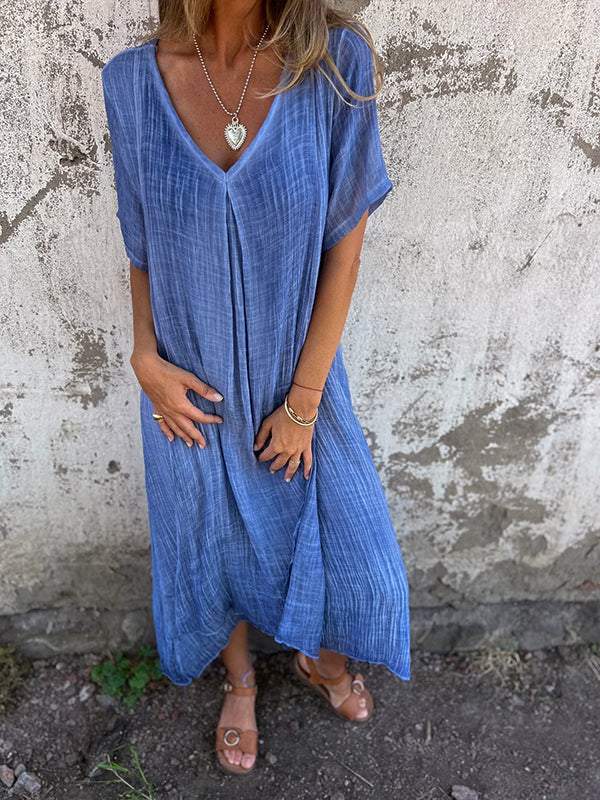 Women Cotton and Linen V-neck Midi Dress