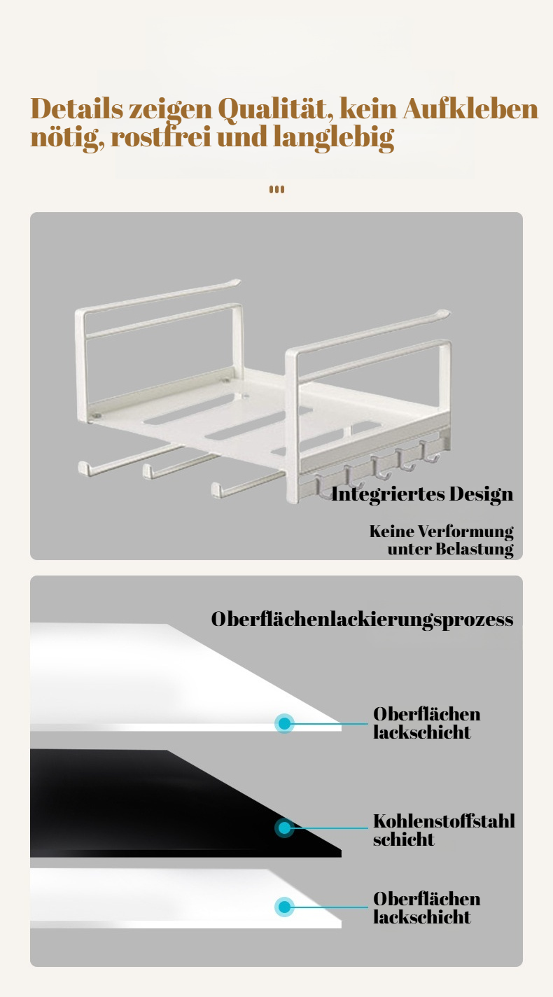 Hängeregal mit Haken für Tassen und Kochutensilien