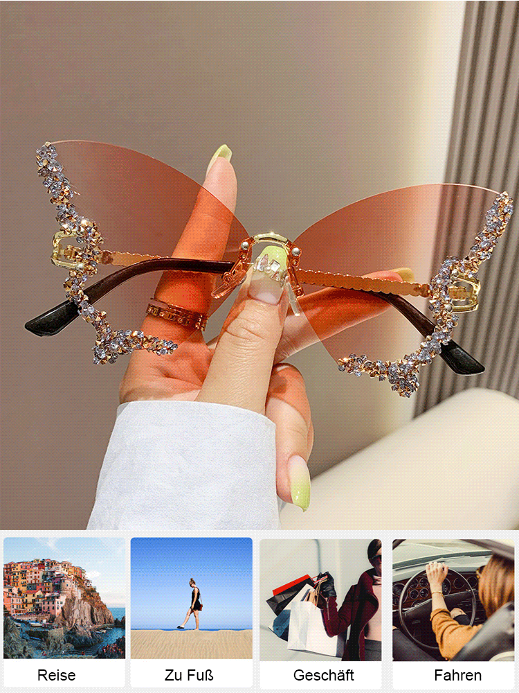 Schmetterlingsförmige, diamantenbesetzte, randlose Sonnenbrille, die das Gesicht schlanker erscheine