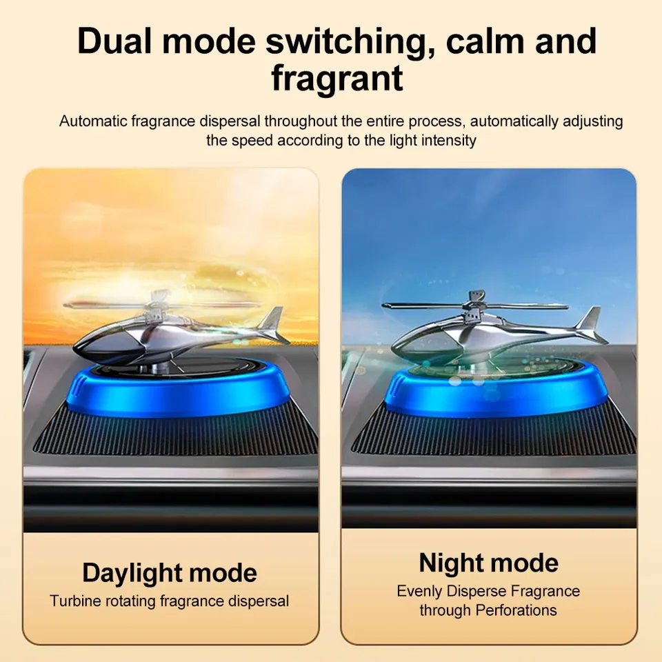 Solarbetriebener Rotationshubschrauber Solar-Aromatherapie-Auto-Lufterfrischer Legierung + ABS-Holzduft Auto-Aroma-Diffusor