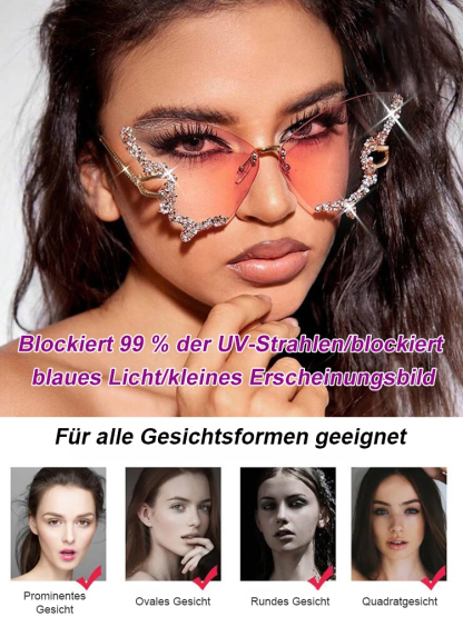 Schmetterlingsförmige, diamantenbesetzte, randlose Sonnenbrille, die das Gesicht schlanker erscheine