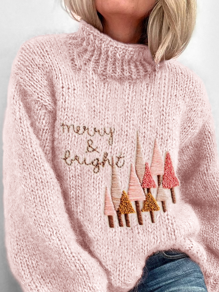 Merry & Bright Pink Christmas Trees Embroidered Cozy Turtleneck Sweater