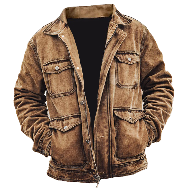 Men's Vintage Yellowstone Jacket Rip Multi-Pocket Distressed Lapel Outdoor Jacket