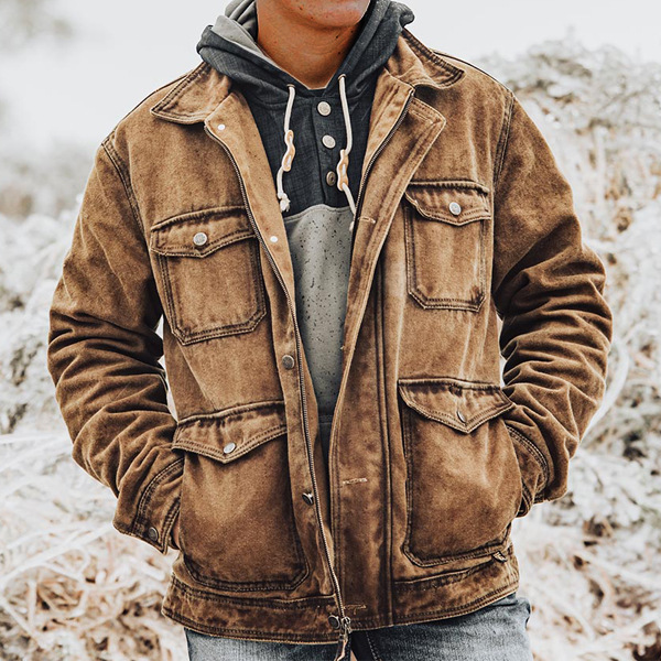 Men's Vintage Yellowstone Jacket Rip Multi-Pocket Distressed Lapel Outdoor Jacket