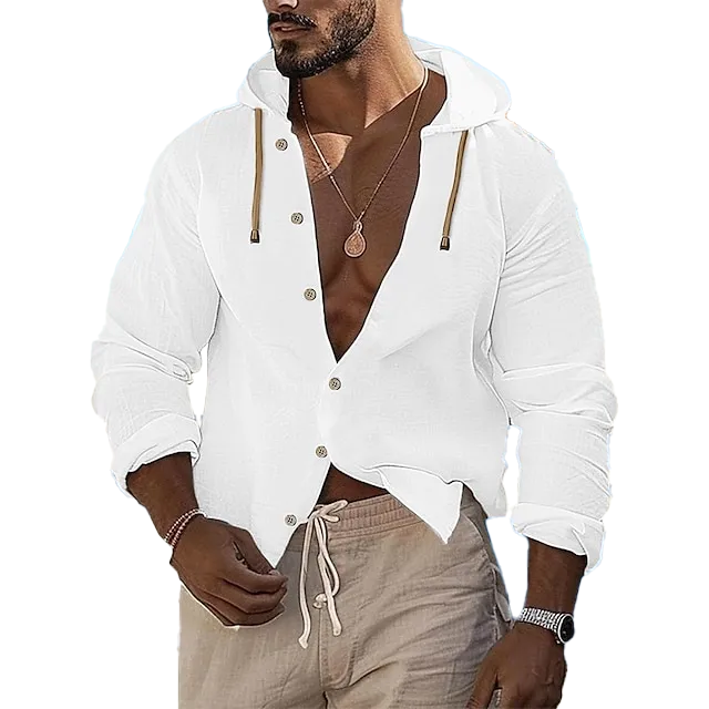 Men's Linen Shirt Beach Wear Button Up Shirt Long Sleeve Plain Hooded Casual Daily Clothing