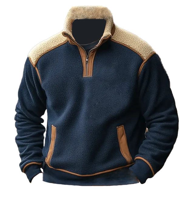 Men's Vintage Fleece Color Block Stand Collar Sweatshirt