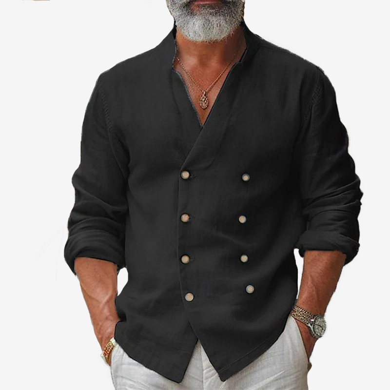 Men's large size double-breasted casual stand-up collar cotton linen long-sleeved shirt