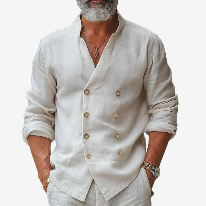 Men's large size double-breasted casual stand-up collar cotton linen long-sleeved shirt