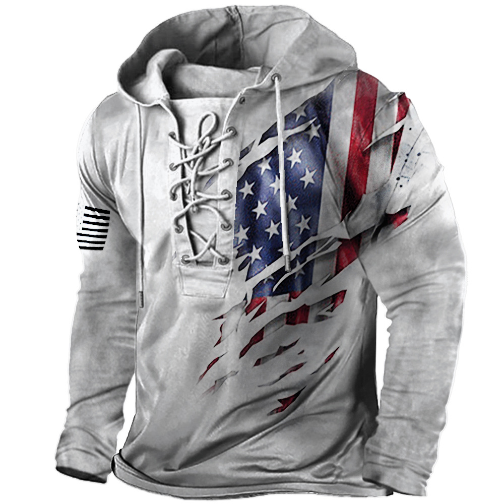 Men's Vintage Print Lace-Up Long-Sleeved Hoodie