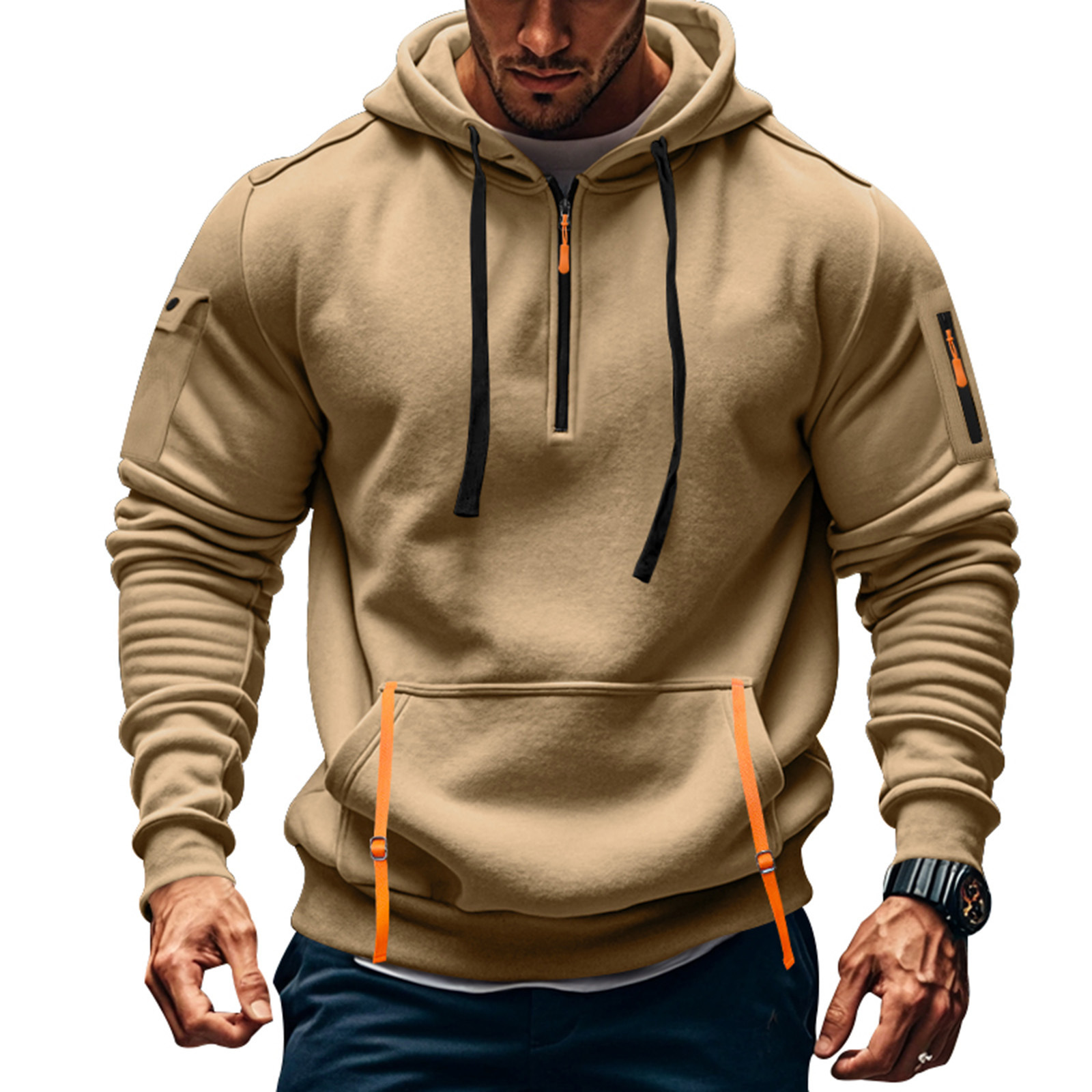 Men's Casual Zipper Arm Pocket Plus Fleece Hoodie