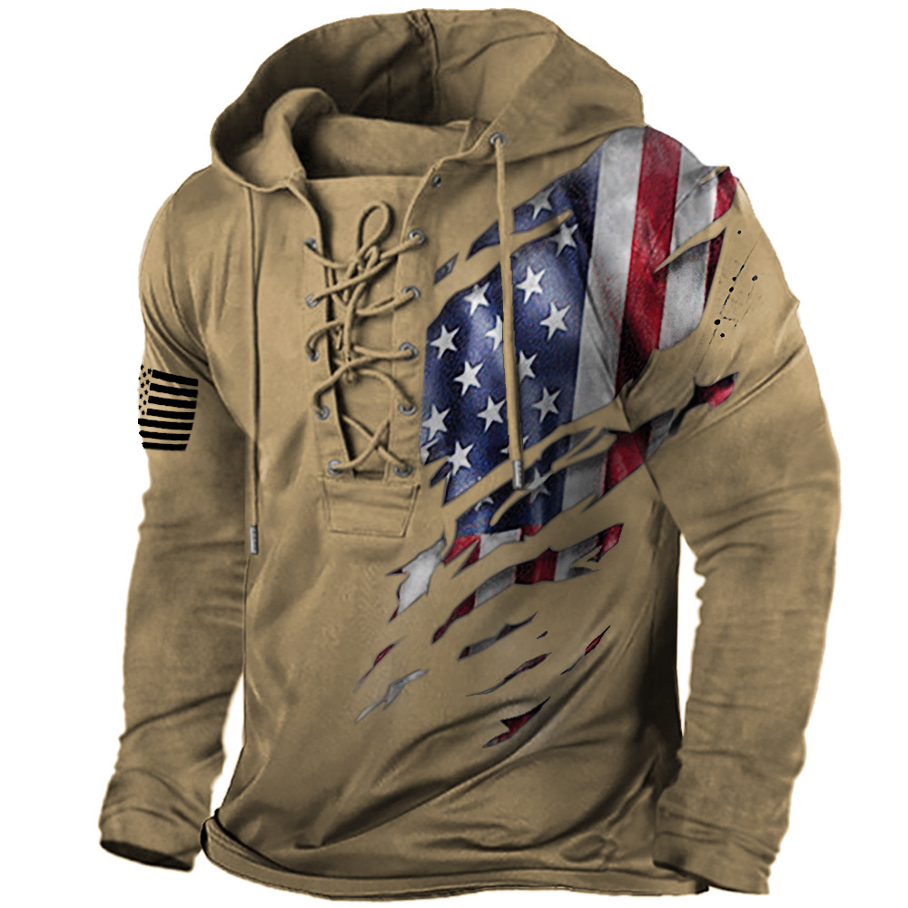 Men's Vintage Print Lace-Up Long-Sleeved Hoodie