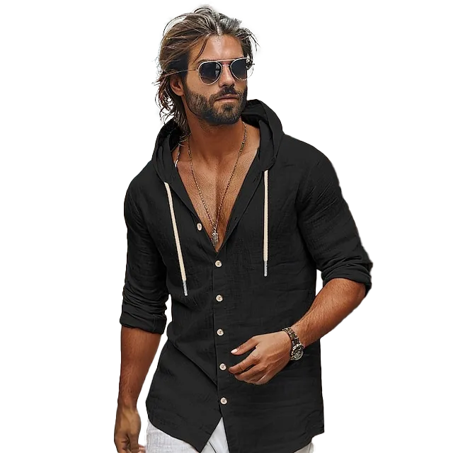 Men's Linen Shirt Beach Wear Button Up Shirt Hooded