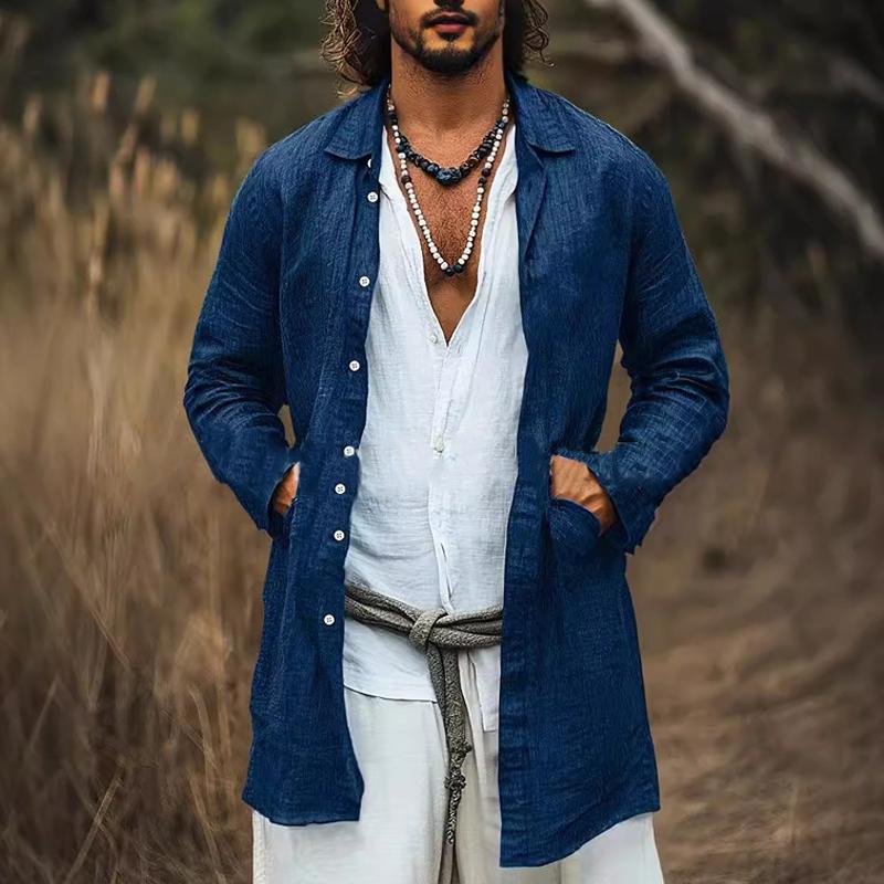 Men's Casual Cotton Linen Lapel Single-breasted Long-sleeved Mid-length Shirt 