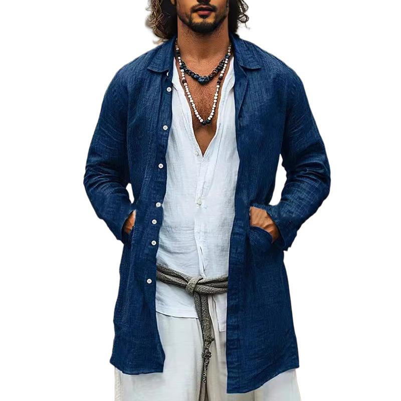 Men's Casual Cotton Linen Lapel Single-breasted Long-sleeved Mid-length Shirt 