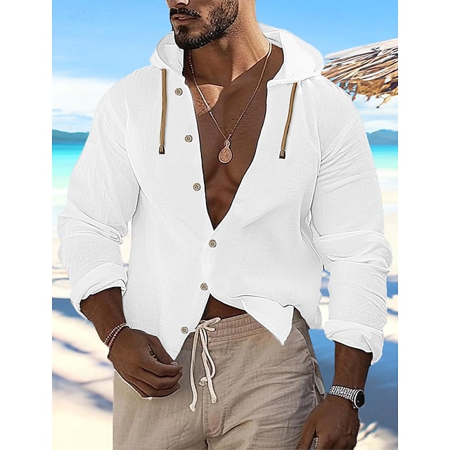 Men's Linen Shirt Beach Wear Button Up Shirt Long Sleeve Plain Hooded Casual Daily Clothing