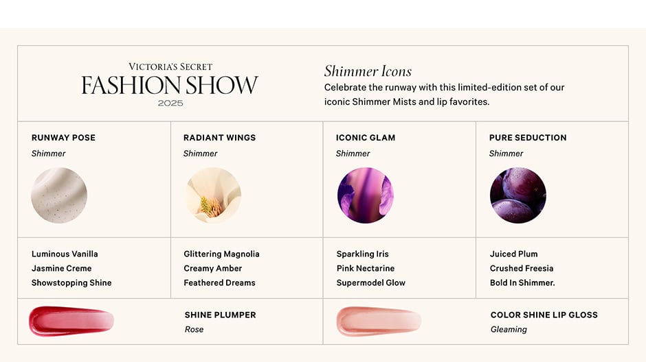 FASHION SHOW 2025 SHIMMER ICONS. Celebrate the runway with this limited-edition set of our iconic Shimmer Mists and lip favorites. What's Inside. RUNWAY POSE Shimmer. Luminous Vanilla jasmine Creme. Showstopping Shine. RADIANT WINGS Shimmer. Glittering Magnolia. Creamy Amber. Feathered Dreams. ICONIC GLAM. Shimmer. Sparkling Iris. Pink Nectarine. Supermodel Glow. PURE SEDUCTION. SHIMMER. Juiced Plum. Crushed Freesia. Bold in shimmer. SHINE PLUMPER. ROSE. COLOR SHINE LIP GLOSS. GLEAMING