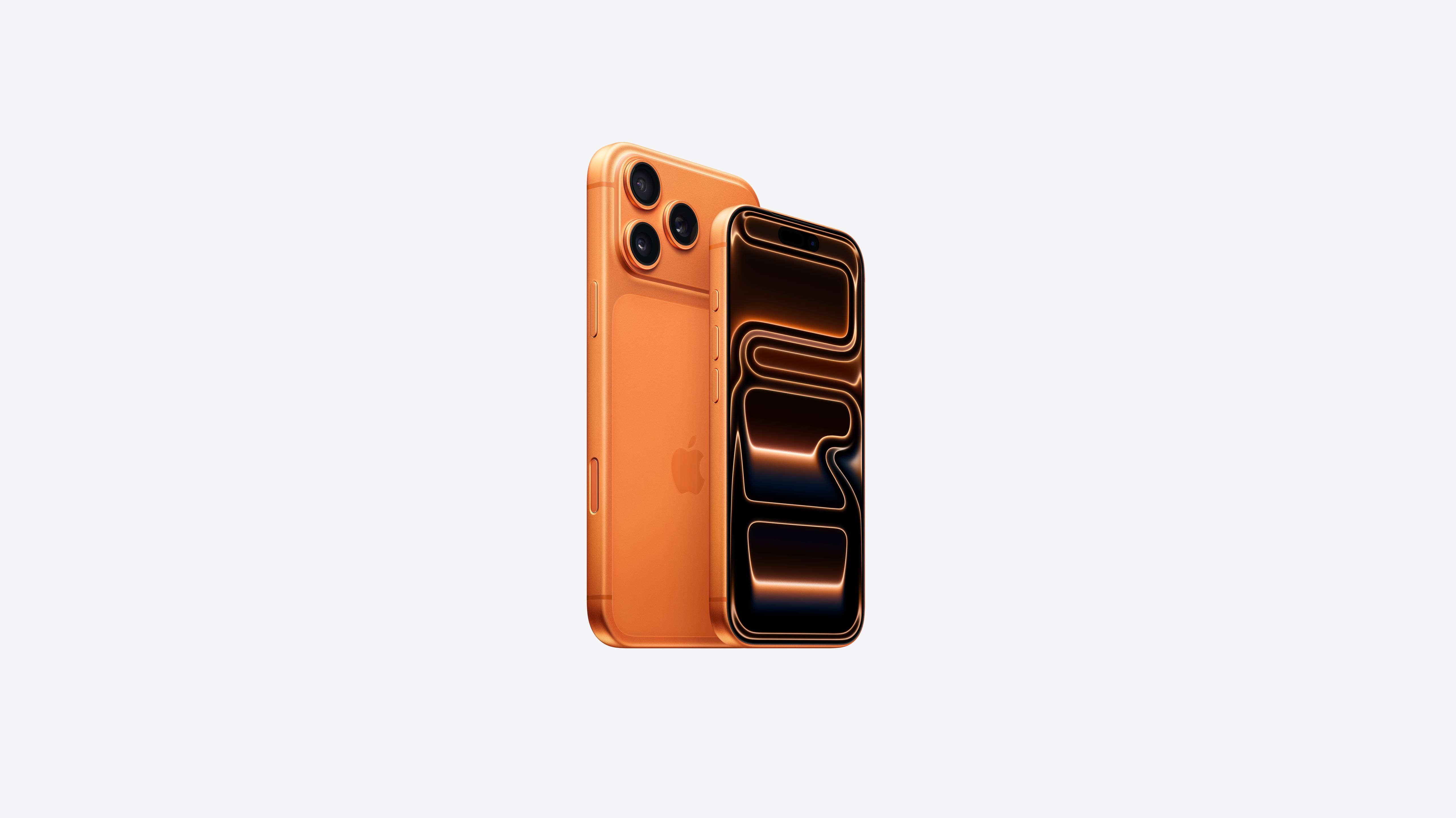 iPhone 17 Pro, back exterior, cosmic orange color, Pro Fusion camera system at top, Apple logo in center, front exterior all screen design, side exterior, Action button, volume buttons, Side button, Camera Control button