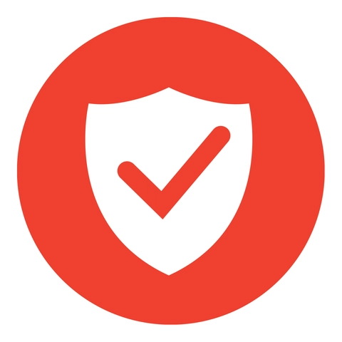 Graphic: shield with check-mark in white and red circle.