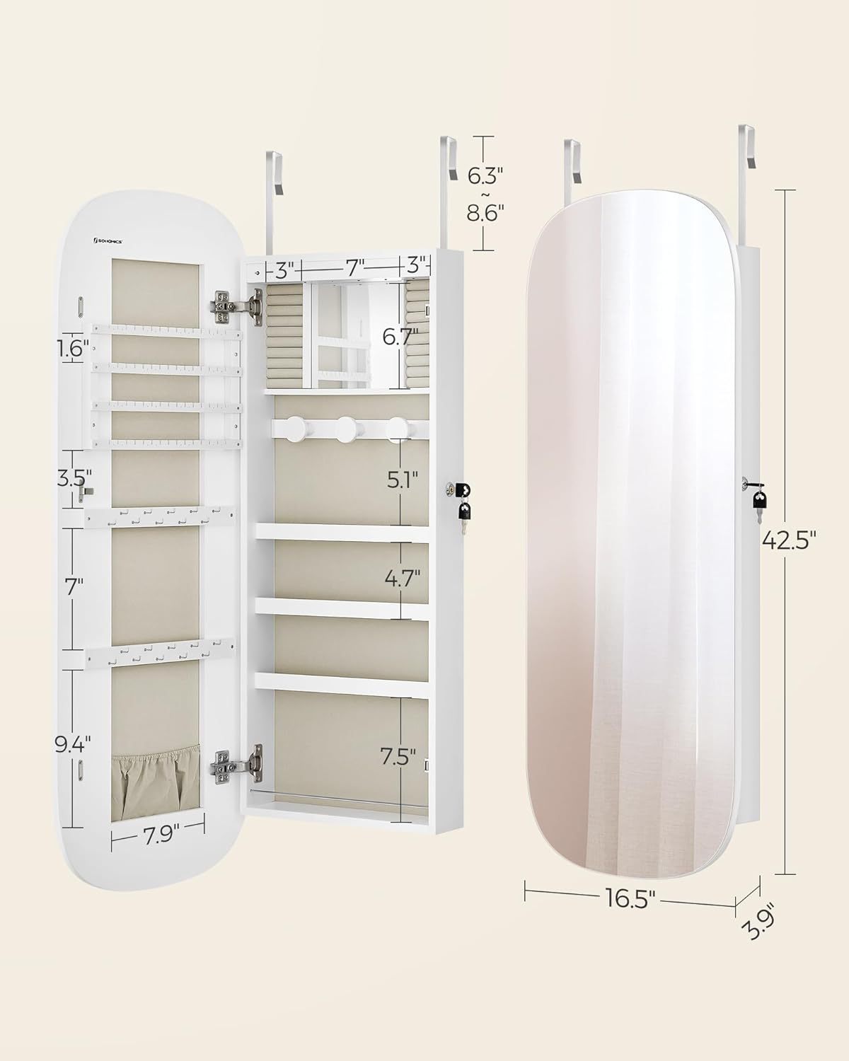 SONGMICS Jewelry Organizer, LED Jewelry Cabinet Wall or Door Mounted, Lockable Rounded Wide Mirror with Storage, Interior Mirror, 3.9 x 16.5 x 42.5 Inches, White Surface with Greige Lining UJJC026W01