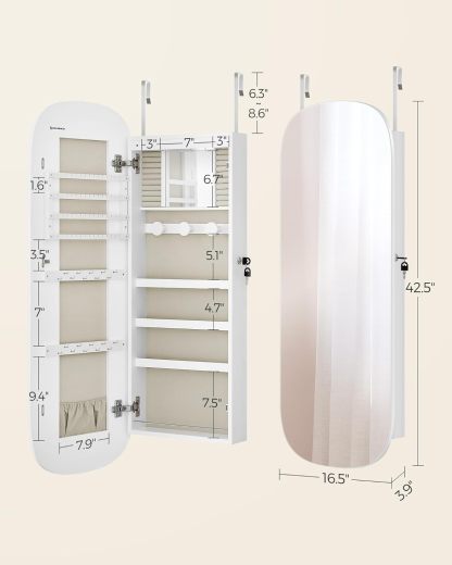 SONGMICS Jewelry Organizer, LED Jewelry Cabinet Wall or Door Mounted, Lockable Rounded Wide Mirror with Storage, Interior Mirror, 3.9 x 16.5 x 42.5 Inches, White Surface with Greige Lining UJJC026W01