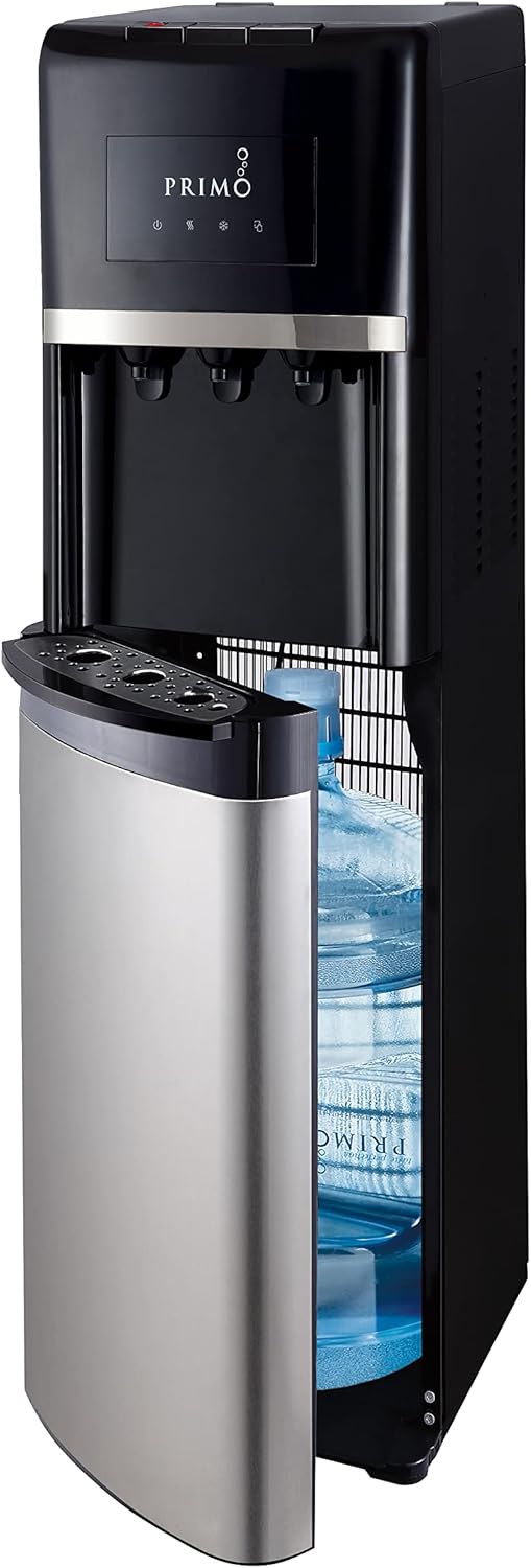 Primo Bottom Loading Water Dispenser, 3 Temp (Hot-Cool-Cold) Water Dispenser for 5 Gallon Bottle w/Child-Resistant Safety Feature, Black with Black Stainless Door